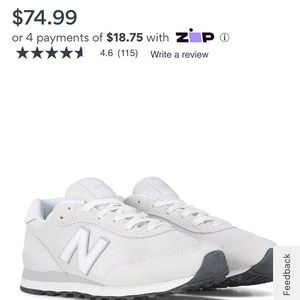 White new balance sneakers. They are like white and gray/tan. Hard to describe